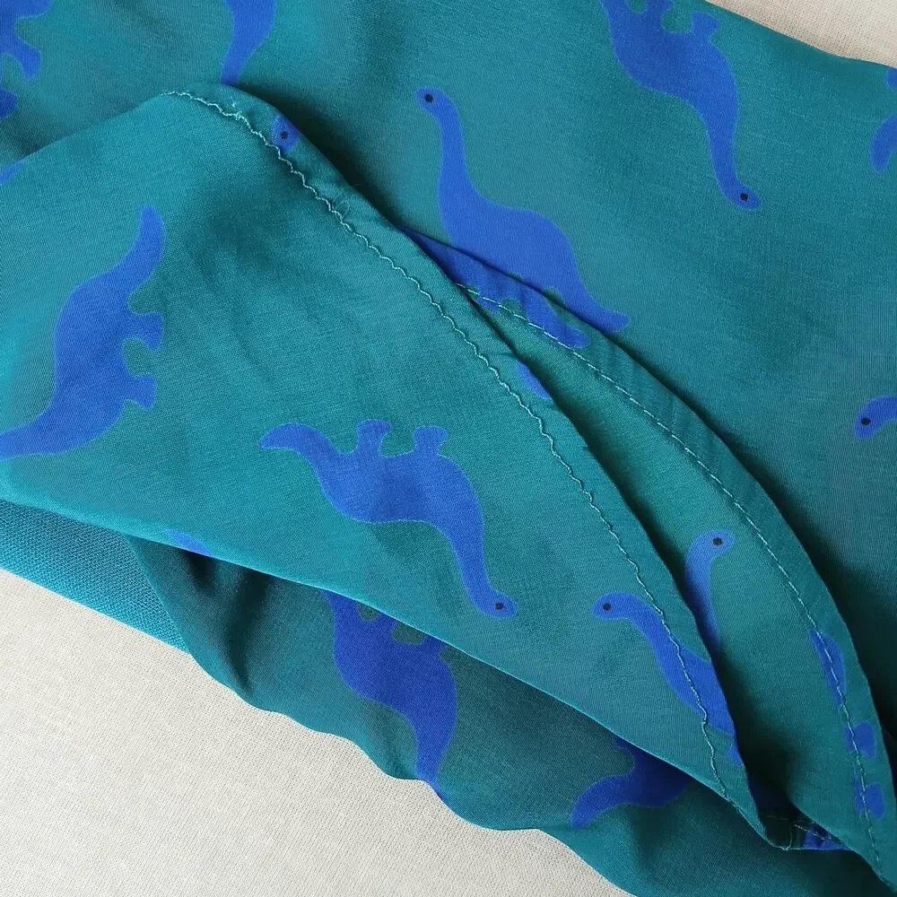 Peach Love California ModCloth Dino Print Dress M green blue blouson midi - Picture 7 of 13